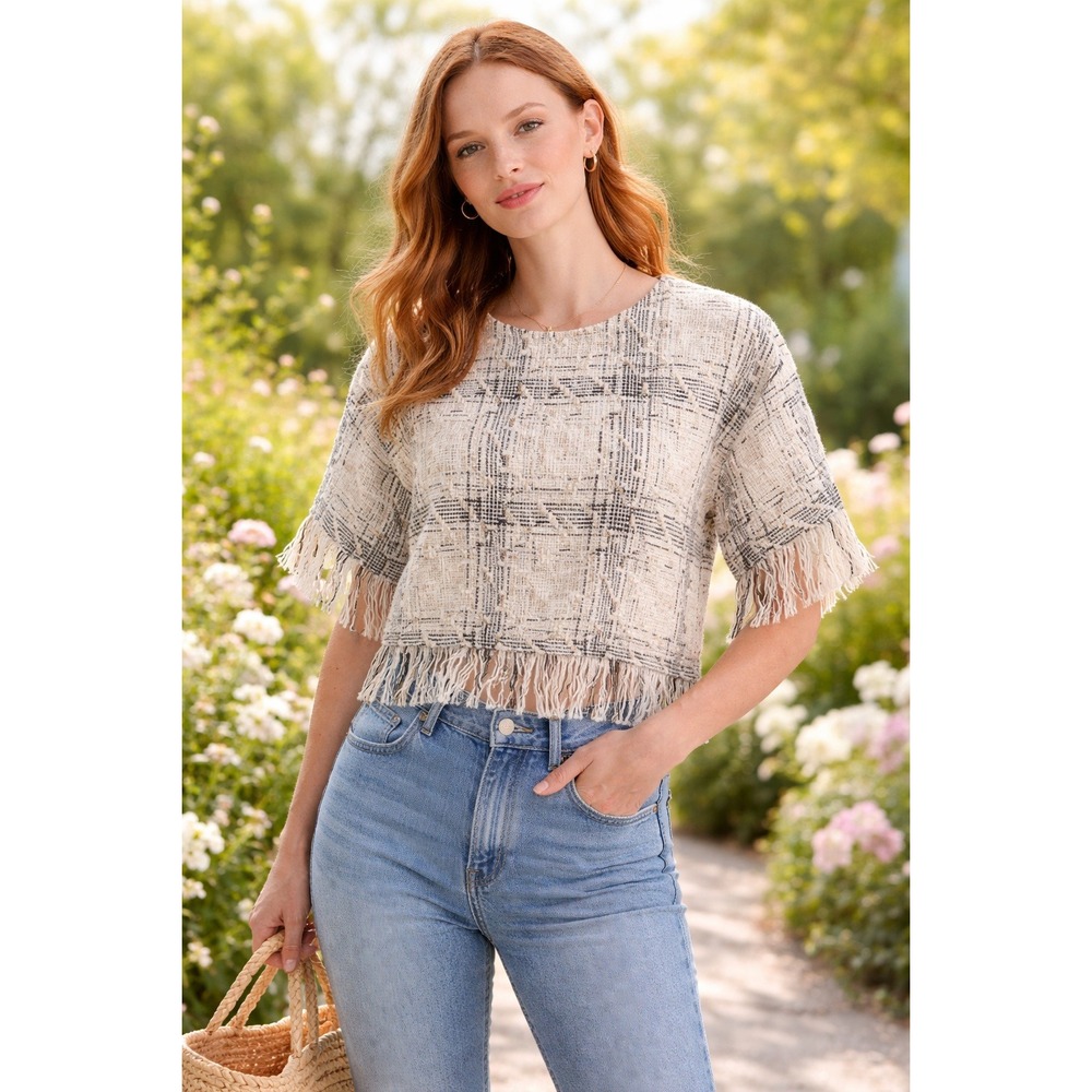 NOT FOR SALE Tweed Fringe Trim Boxy Cropped Top Metallic Size Medium Spring